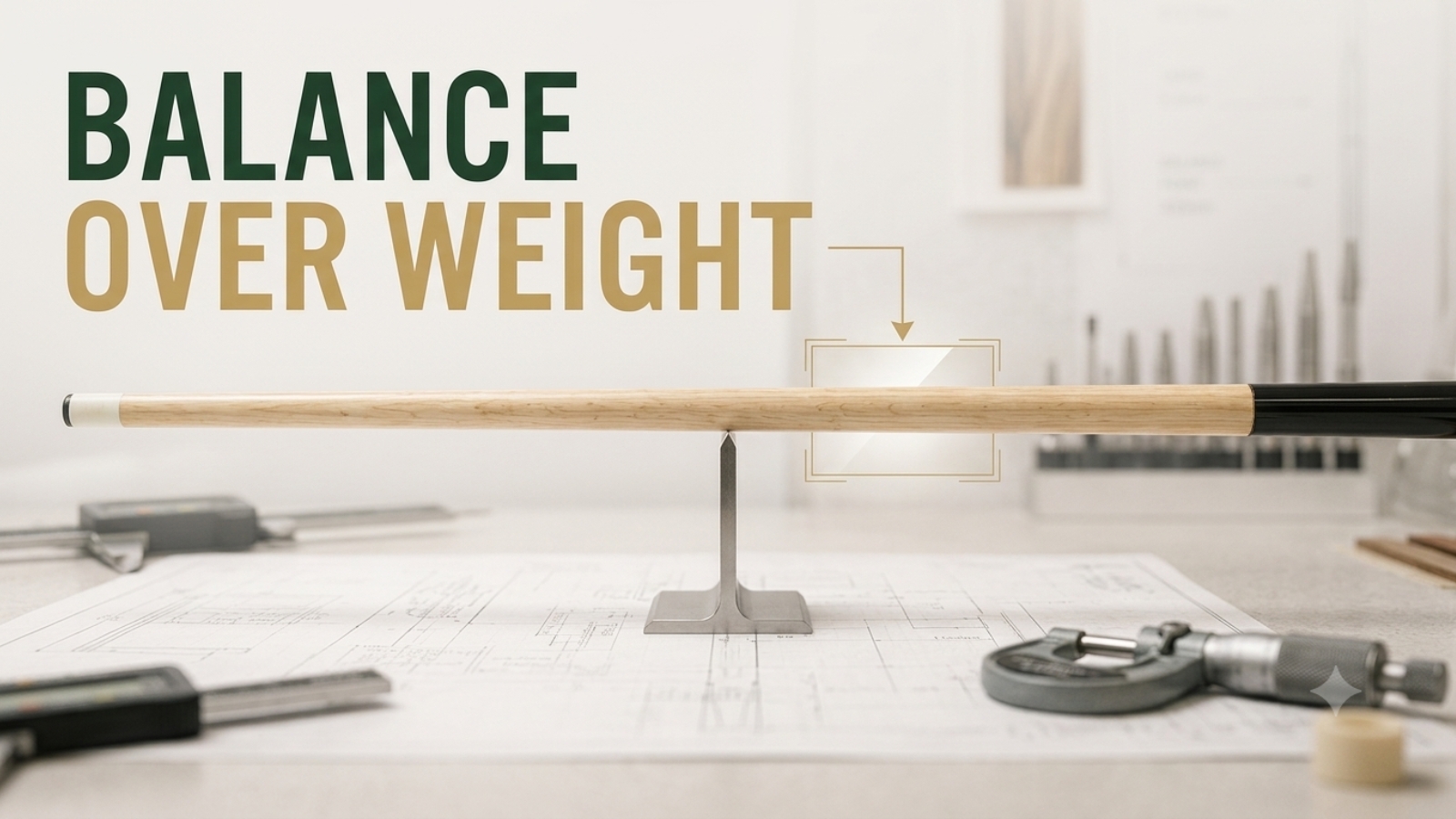 A cue balanced on a fulcrum with the balance point marked