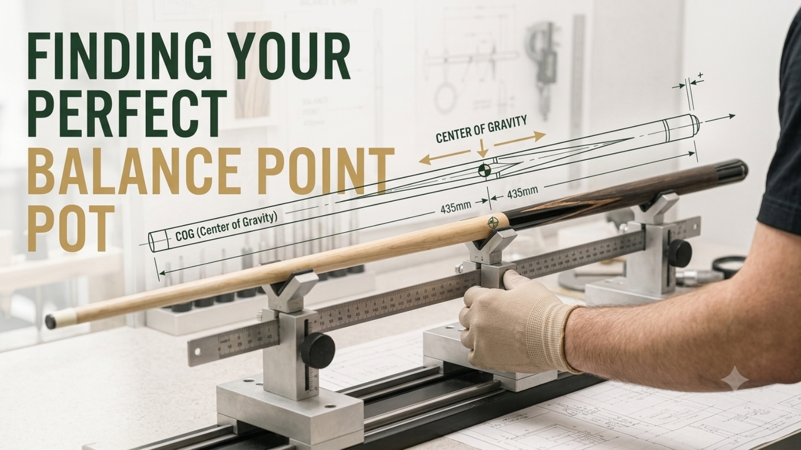A cue being measured for balance point with a steel rule