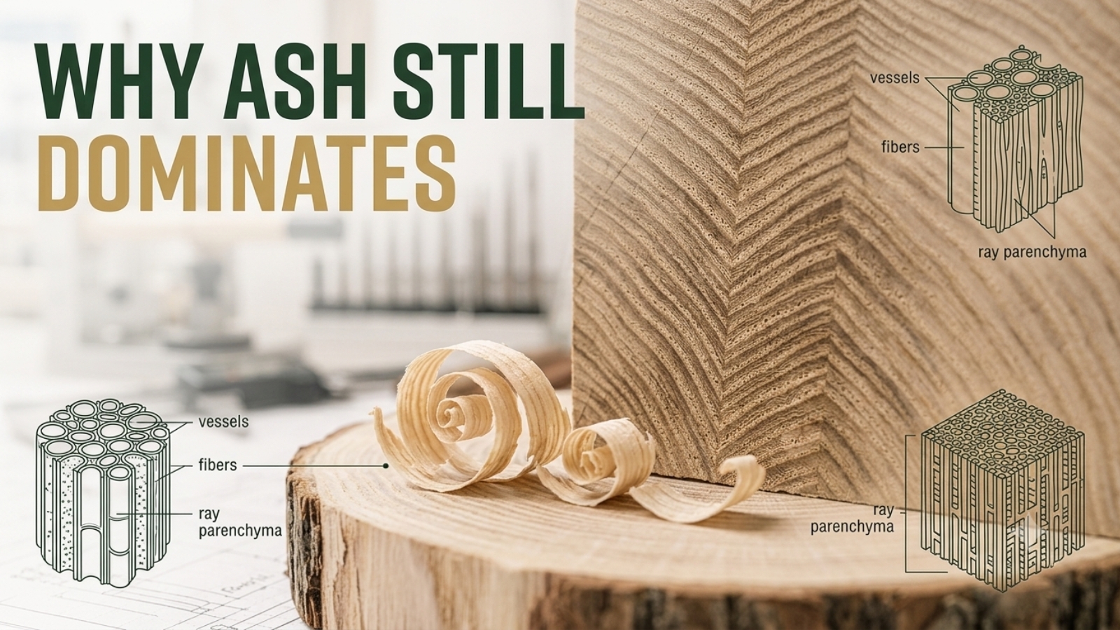 Straight-grained ash shafts stacked in the workshop